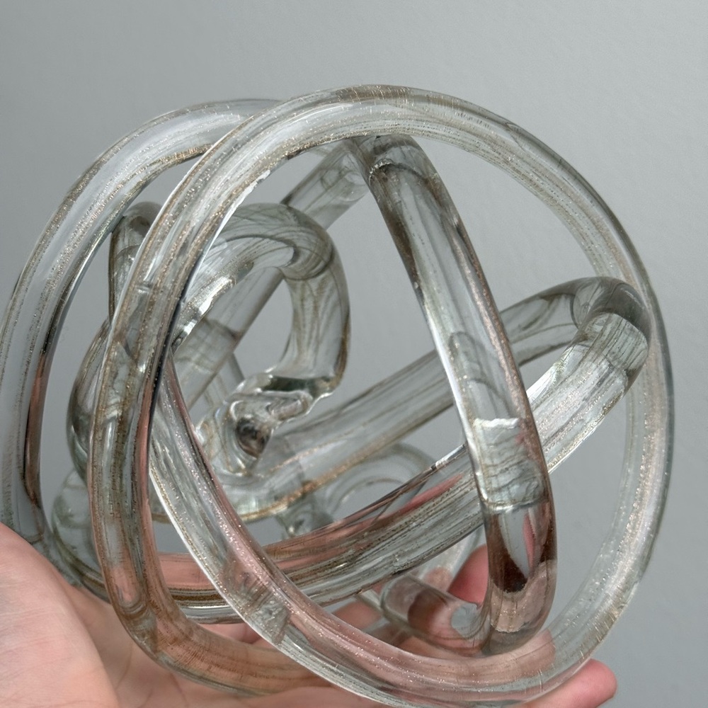 Infinity Knot Clear Glass Gold Sparkles Sculpture Decor Handmade MCM Minimalist